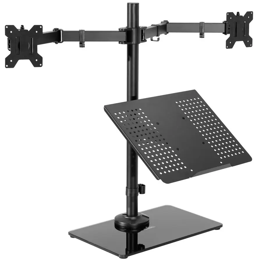 

Freestanding Dual Computer Monitor and Laptop Combo Desk Stand with Glass Base, Fits up to 32 inch Monitors and 17 inch Laptops,