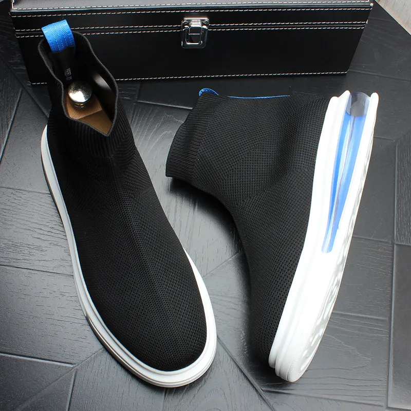 

mens fashion breathable chelsea boots summer air mesh socks shoes black stylish platform boot brand designer ankle botas hombre