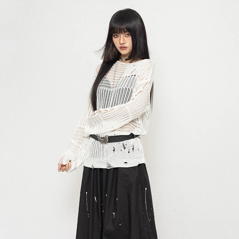 黒ニット中空アウトプルオーバー女性ブロークンホールセクシーなシースルーストラップレスセーター長袖ルーズ怠惰なストリートトップ