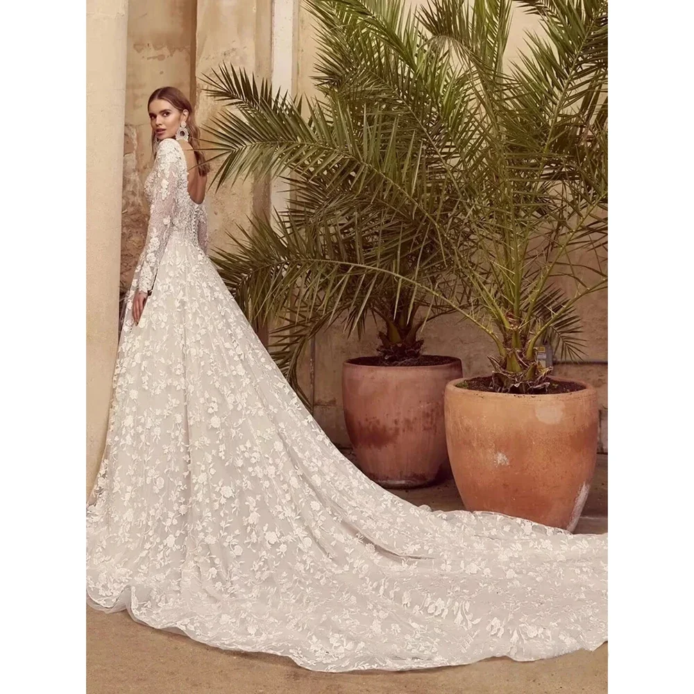 Customzied Elegant Square Neck Wedding Dress Lace Appliques Beaded Long Sleeve Bridal Gown A-Line Floor-Length Bride Dress