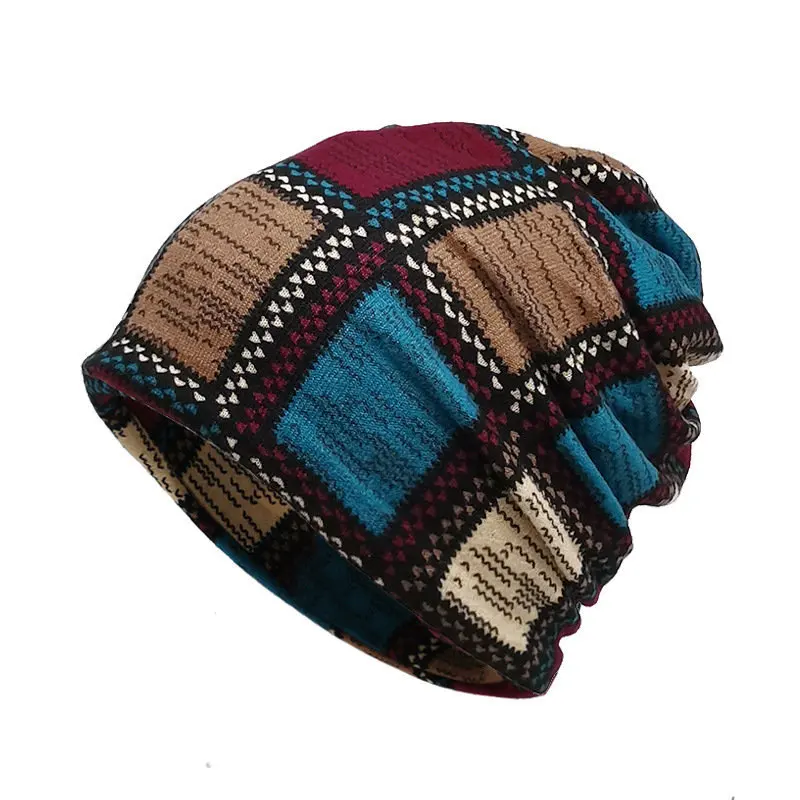 2023 Autumn And Winter Cotton Plaid Print Thicken Knitted Hat Warm Skullies Cap Beanie Hat For Men and Women 180