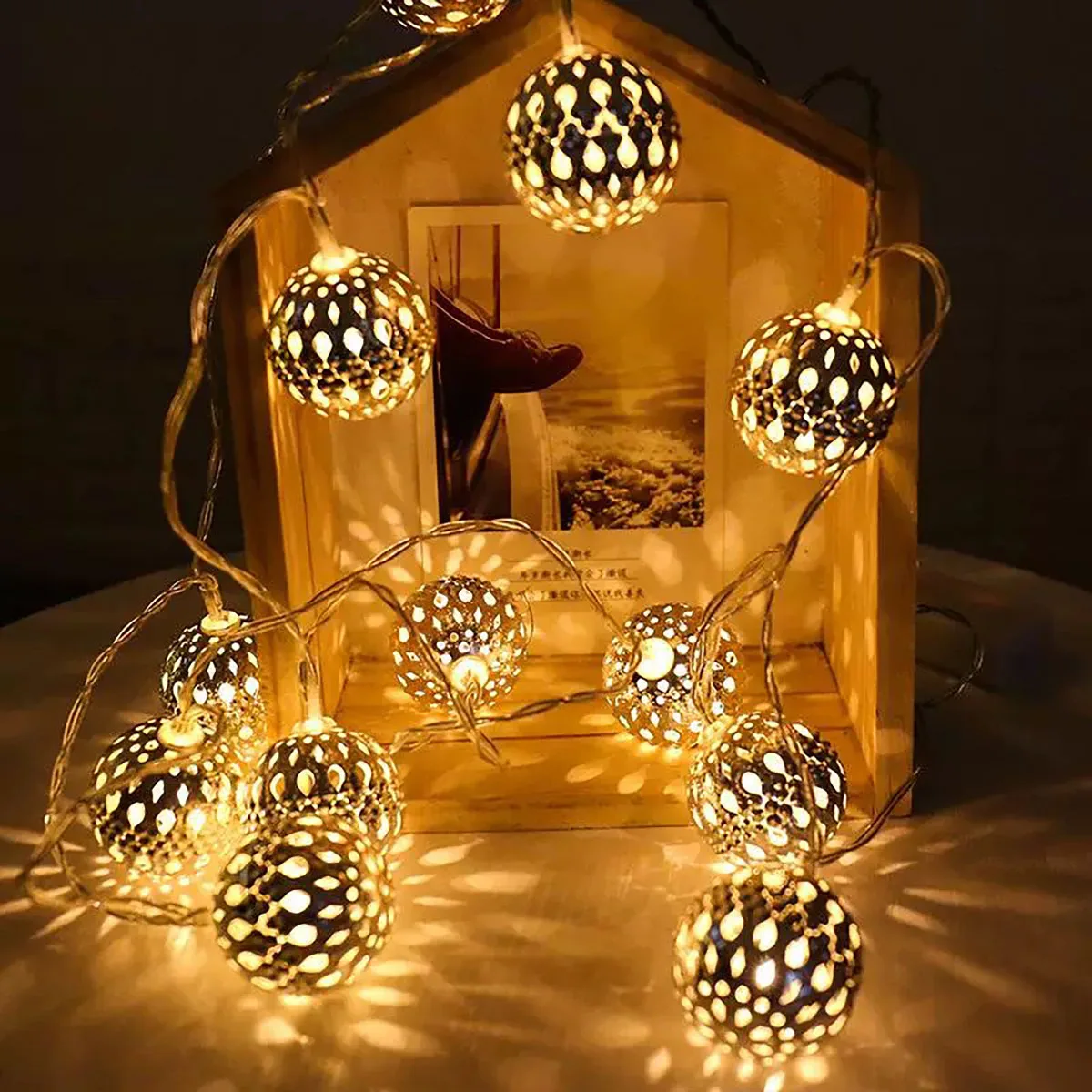 Iron Moroccan Ball Light String Ramadan Atmosphere Decoration LED Light String Cabinet Courtyard Decoration Hollow Ball