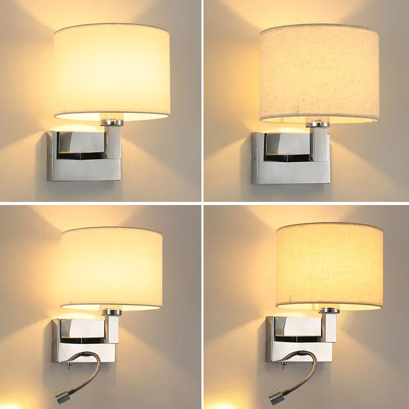 

LED Wall Lamp Round Fabric Lampshade With 3W 360° Rotation Spotlight Reading Light Modern Wall Sconce for Bedroom Bedside Hotel