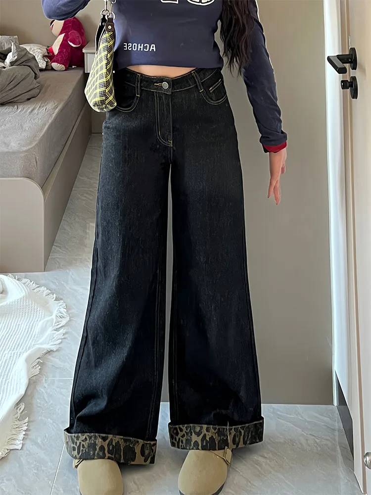 

Джинсы с высокой талией и широкими штанинами, женские свободные прямые лоскутные джинсы больших размеров, длинные брюки с леопардовым принтом и манжетами, осенние новые брюки
