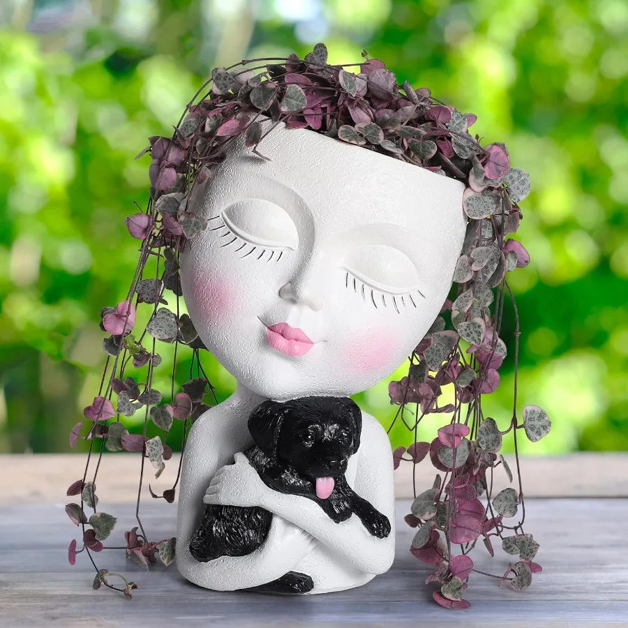 

Cute Lady Face Planters with Drainage Hole for Indoor and Outdoor Use Adorable Succulent Pots with Dog Design in White Ideal fo