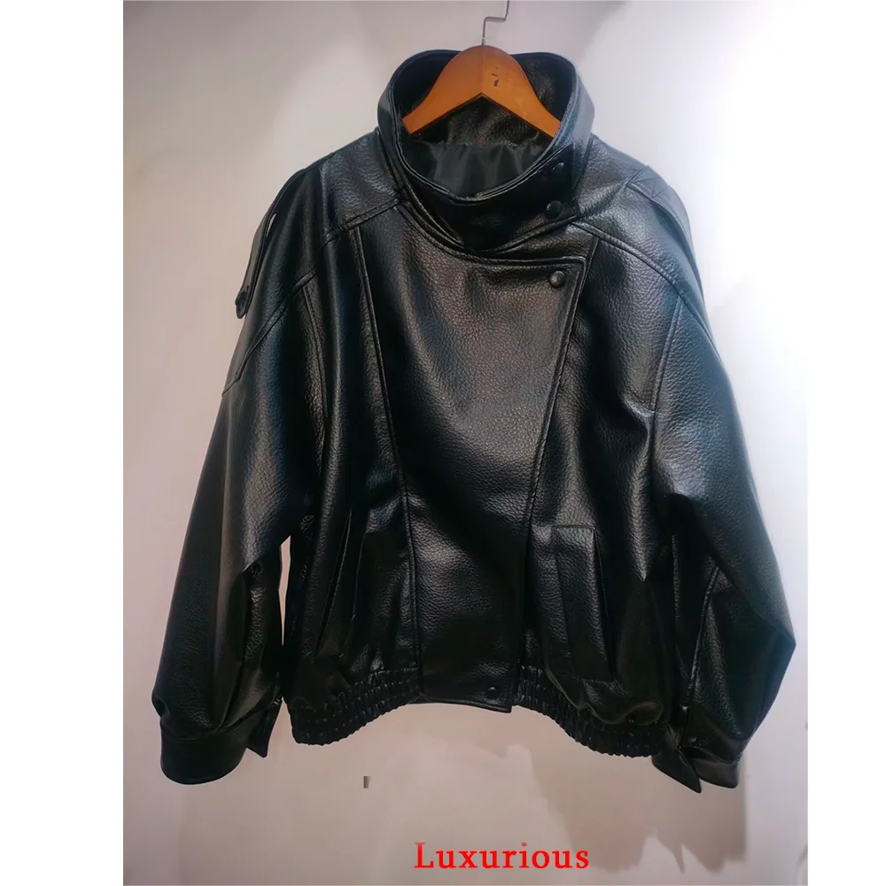 KONDALA Casual Chic Schwarz Leder Jacken Frauen Langarm Tasten Elastische Übergroße Mäntel Mode 2026 Frühling Streetwear Mäntel – Detail 9