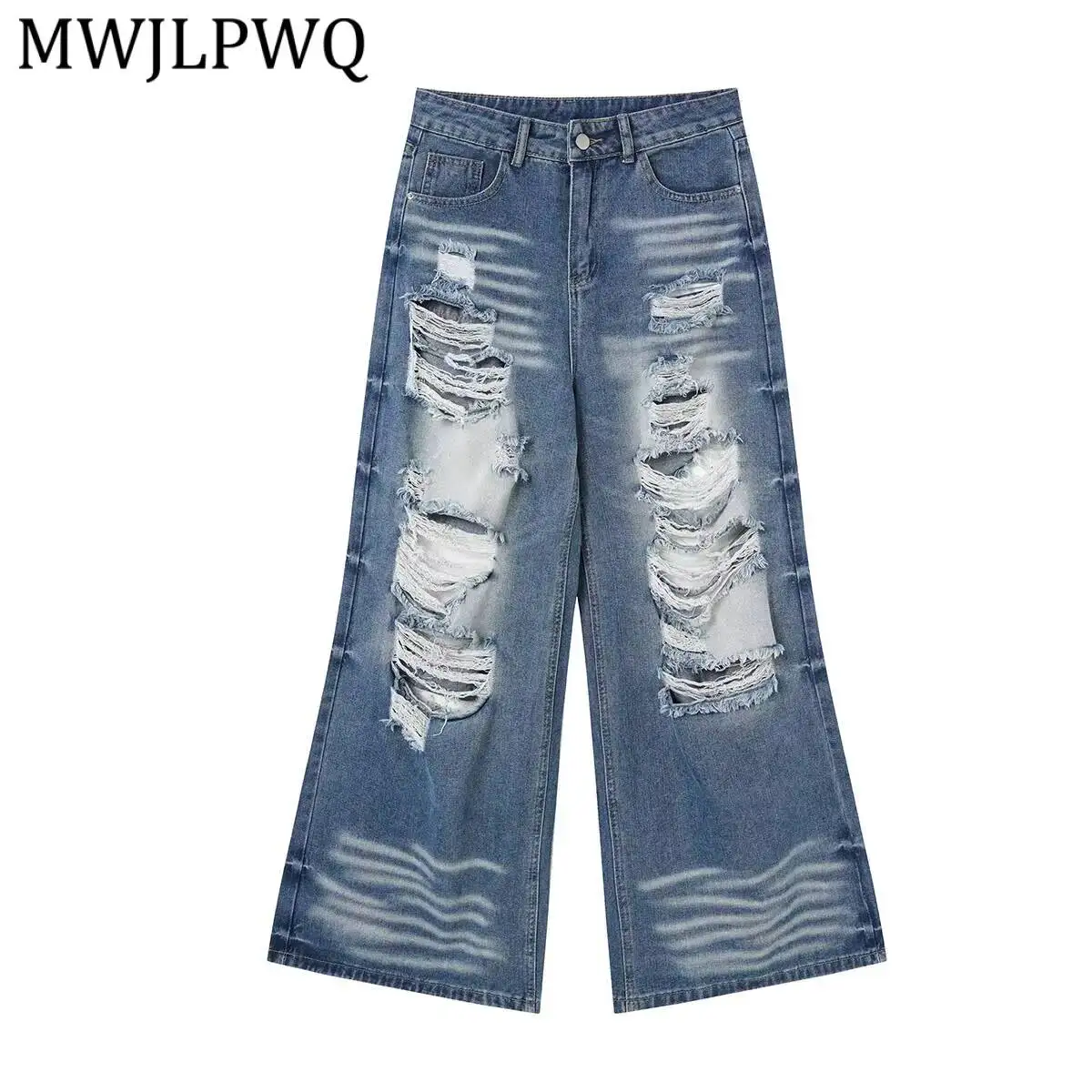 

MWJLPWQ Hiphop Ripped Distressed Jeans Men's High Street Washed Loose Wide Leg Trousers 2026 Summer Autumn New Fashion 17271