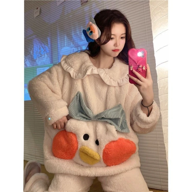 Cute doll collar duck coral velvet pajamas women winter thickened sweet pocket flannel home clothes two-piece set aesthetic chic