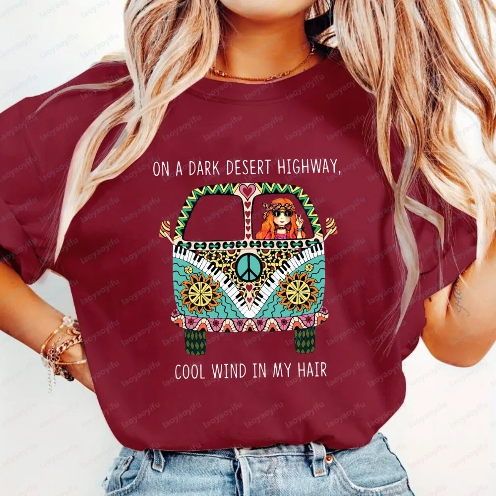 Hippie Soul V-Neck T-Shirt Peace Van Graphic Tee Unique Music Lover Gift Idea Stylish Boho Casual Tops Trend Clothes for Women