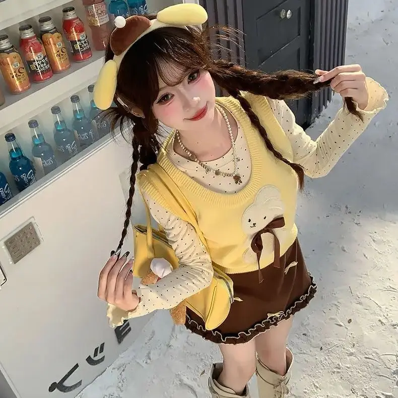 

Japan Sweet Suit Women'S Autumn And Winter Knitted Vest Vest Bottoming Shirt Three-Piece Set