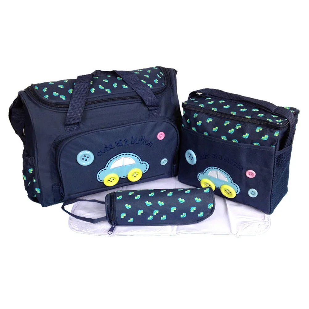 

4-in-1 Diaper Bag Set for Baby Mummy Sky Blue Car Pattern Waterproof Fabric Handbag Messenger Tote with Adjustable Strap