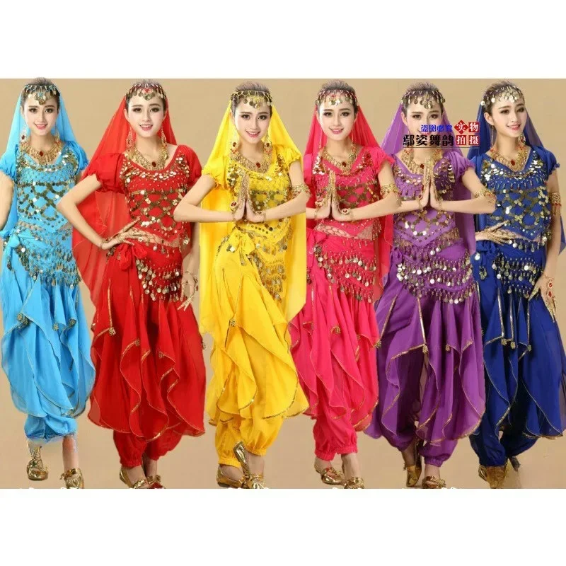 

Женский комплект одежды для танца живота, костюм для восточного индийского танца на Хэллоуин, женские топы с блестками и шаровары, тренировочный костюм