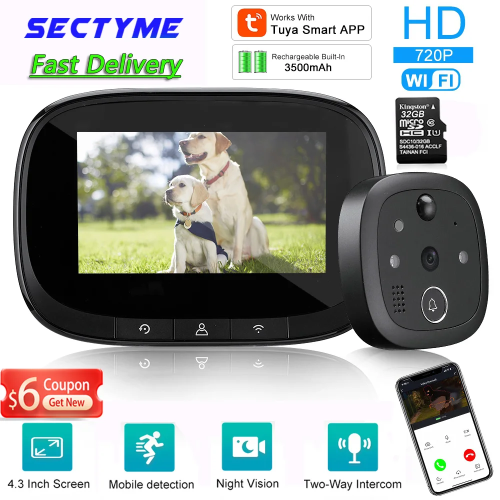 

Sectyme 4.3 Inch Tuya Video Peephole Doorbell Camera 2.4G WIFI Night PIR Motion Cat Eye Outdoor Monitor Digital Door Viewer