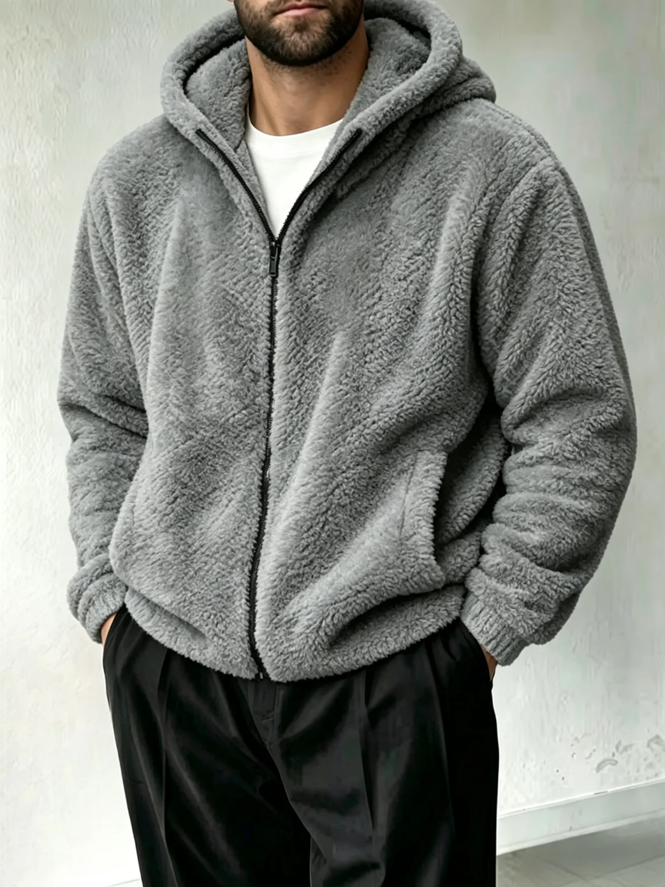 Men Sherpa Zip Up Hoodie Casual Loose Long Sleeve Solid Color Hooded Jacket Daily Streetwear