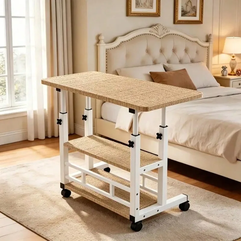 Height Adjustable 3-Tier Mobile Computer Desk, Rolling Laptop Cart With Knob Lifting Design, Lockable Universal Caster Wheels, Metal Frame Space-Saving Portable Workstation For Home Office.