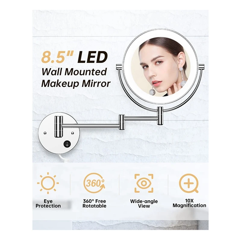 Miroir Mural LED Rond Double Face Grossissant 1X/10X avec Bouton Lumineux, Prise US Chromée, 360