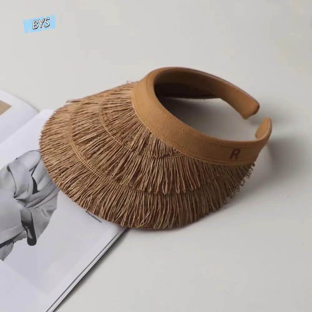 

Trendy Designer Tassel Straw Hats Empty Top Summer Empty Top Sun Hat UV Protection Beach Sunshade Cap Outdoor