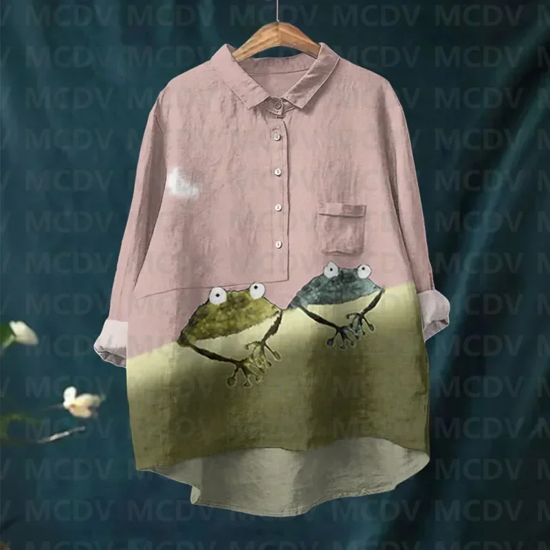 Women's Simple Frog Color Block Art Print Casual Lapel Blouse