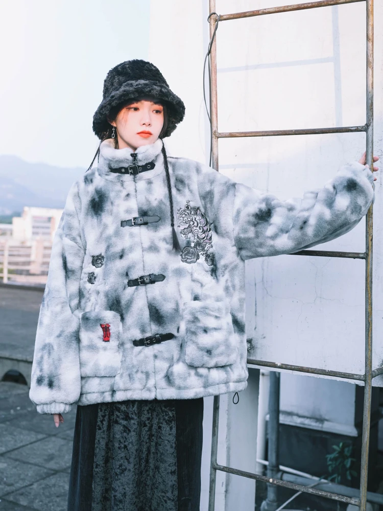 

Thiened Stand Collar Fur Coat Women's Winter New Chinese Sle Embroidery Rabbit Fur Vest Outerwear Comfortable Warmth