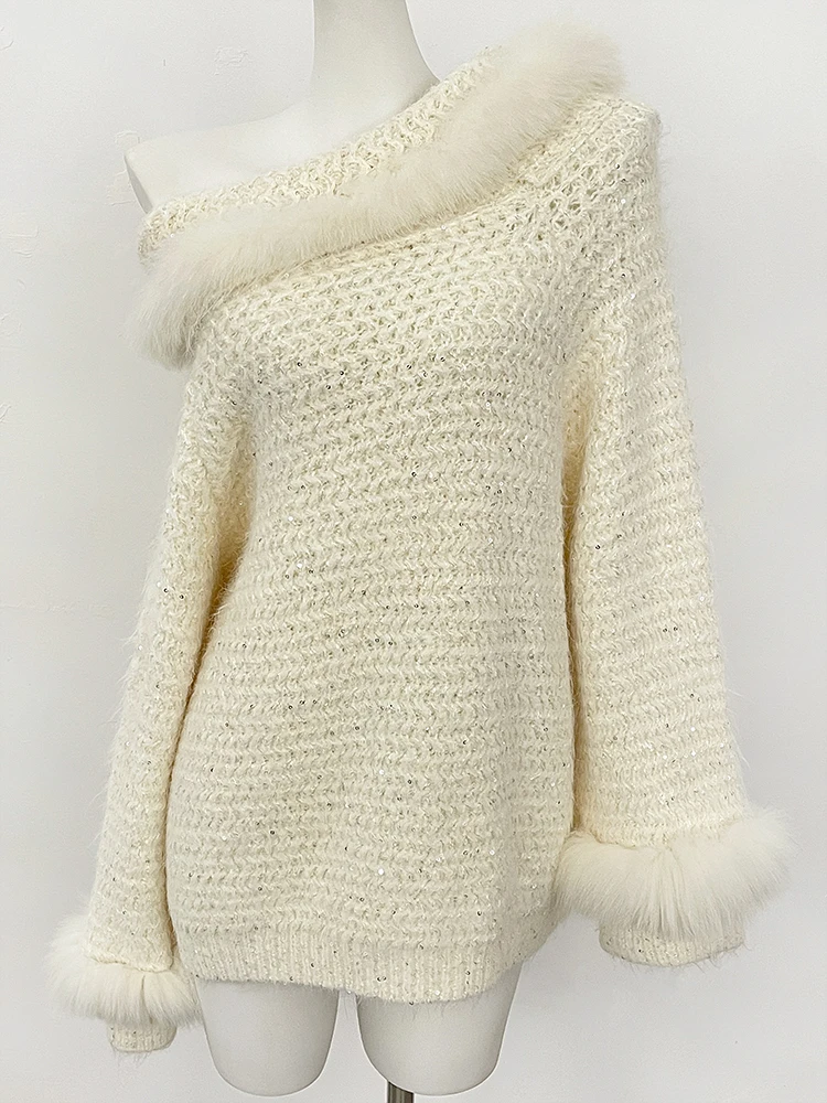 جديد ربيع الخريف الشتاء ضوء الملابس النسائية واحدة طول الكتف البلوفرات الحياكة معطف المرأة ريال فوكس الفراء محبوك سترة