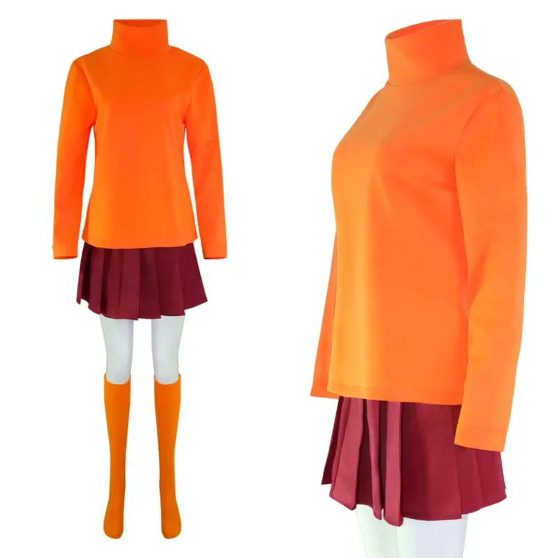 Anime Velma Cosplay Kostuum Film Karakter Oranje Uniform Halloween Kostuum Voor Vrouwen Meisjes Cosplay Kostuum Pruik