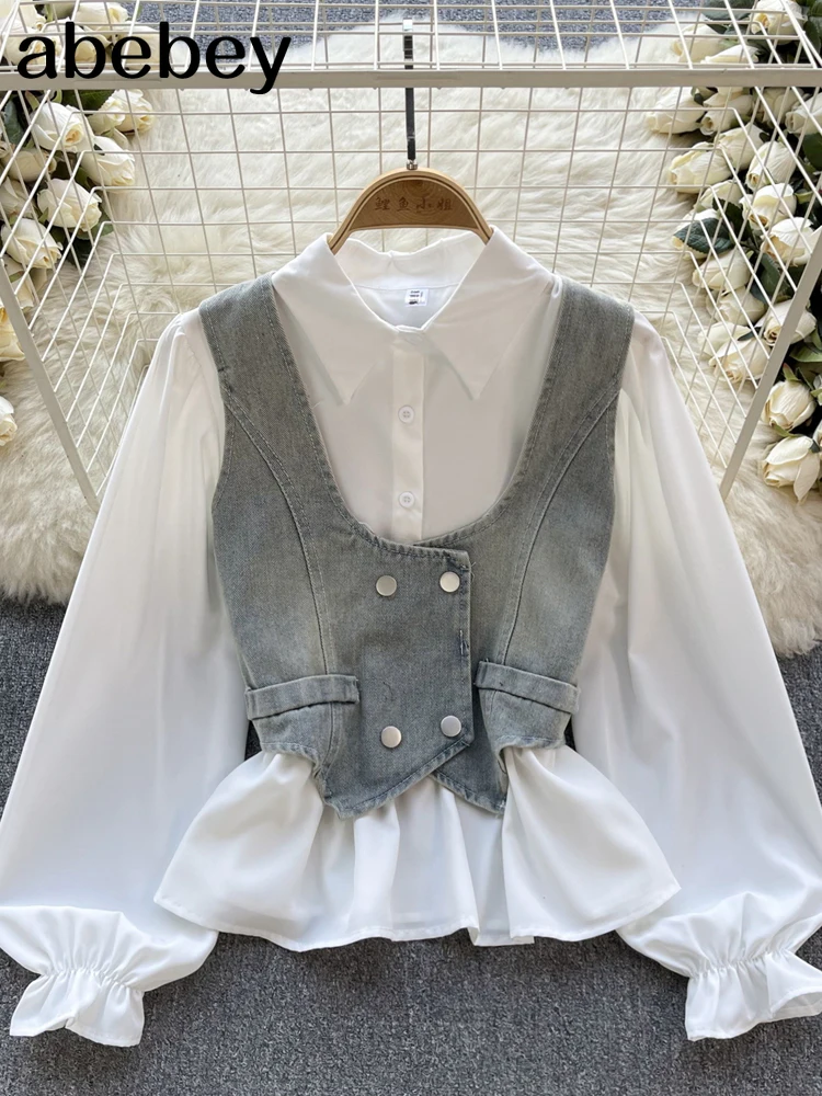 Women Vintage Lapel Puff Sleeve Short Shirts Shirts Korean Version Denim Vests Two Piece Set Spring Summer 2024