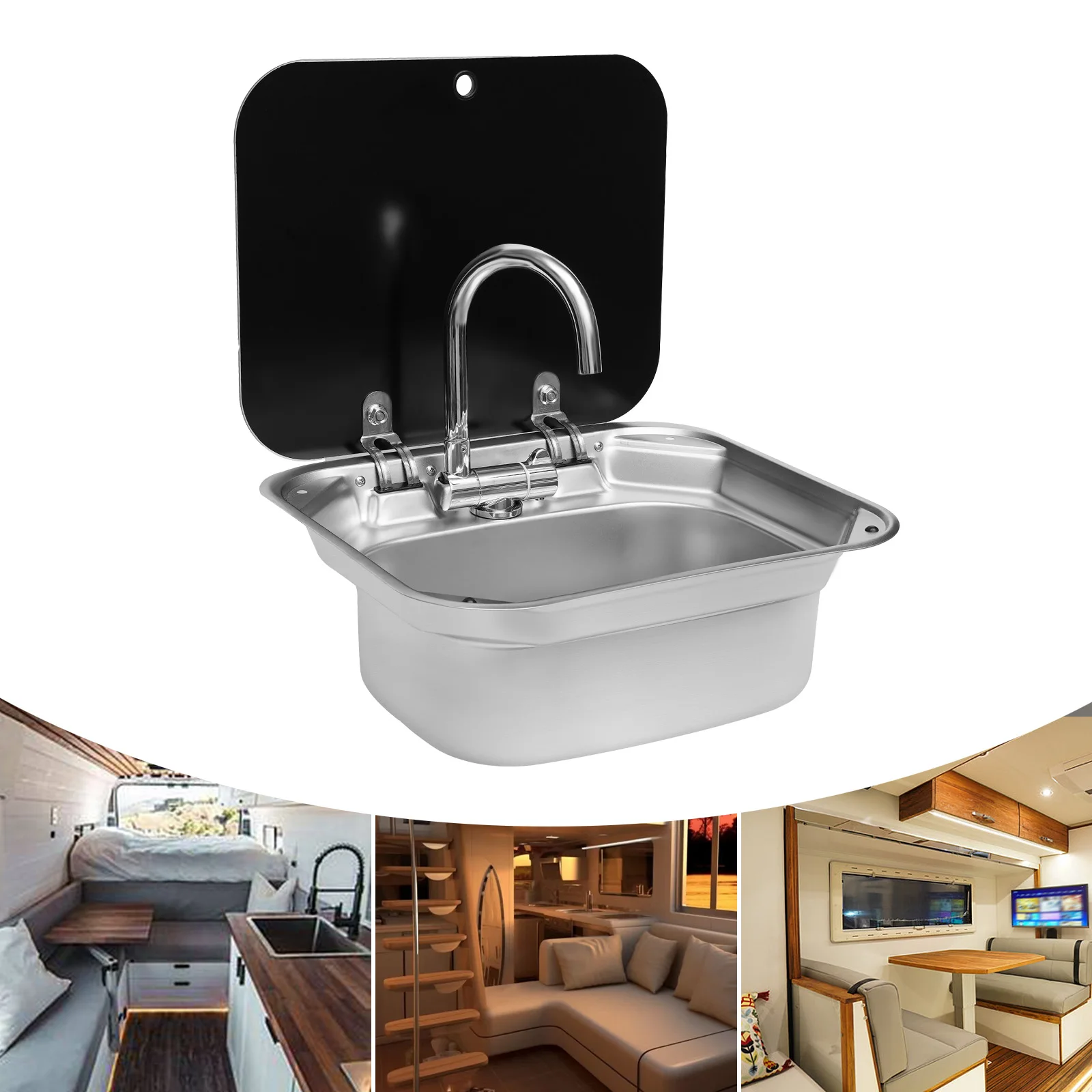 RV Caravan Camper Boat Stainless Steel Hand Wash Basin Kitchen Sink Large Capacity w/Lid Faucet