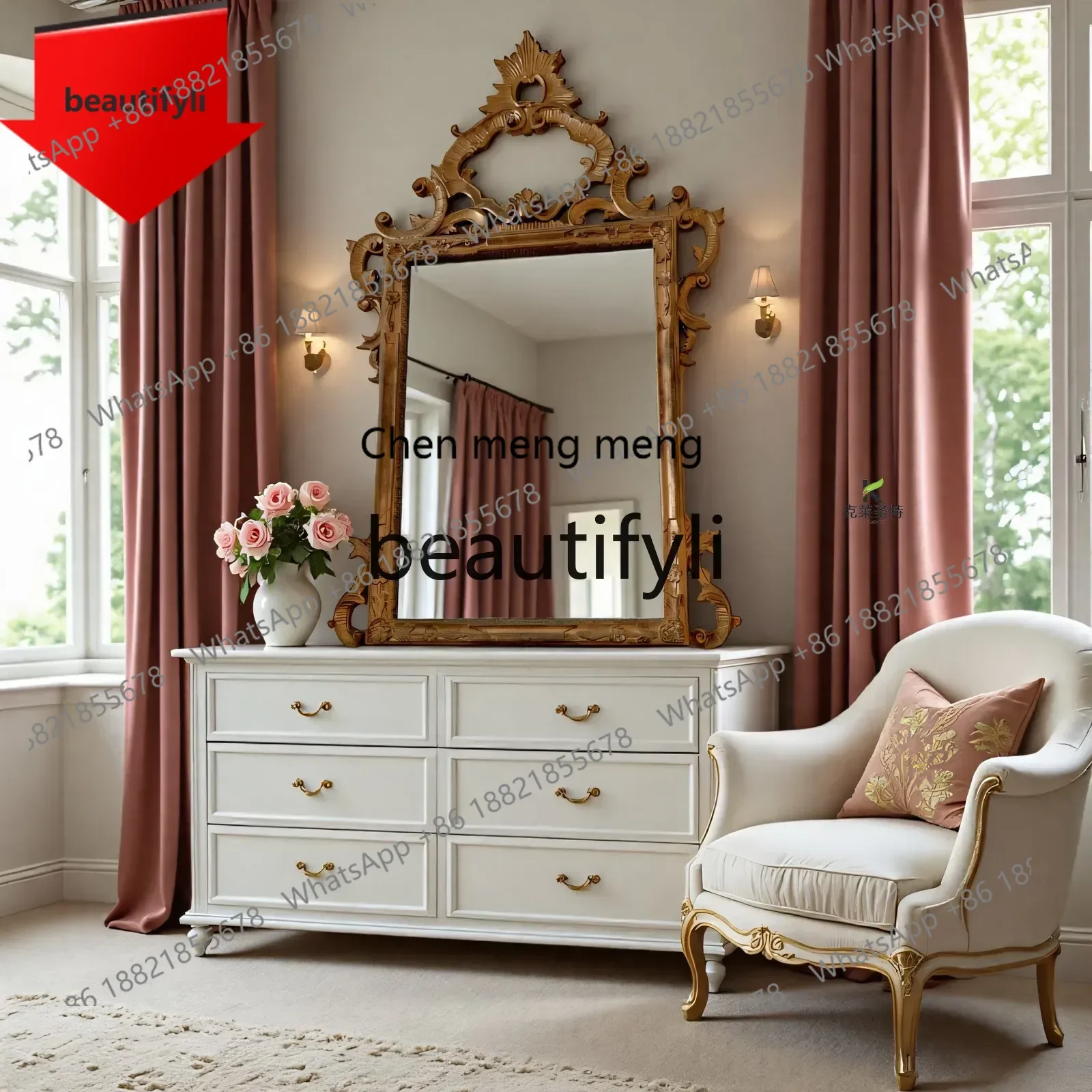 

B32 French retro fireplace decorative mirror American bedroom living room background wall hanging mirror European style,bathroom