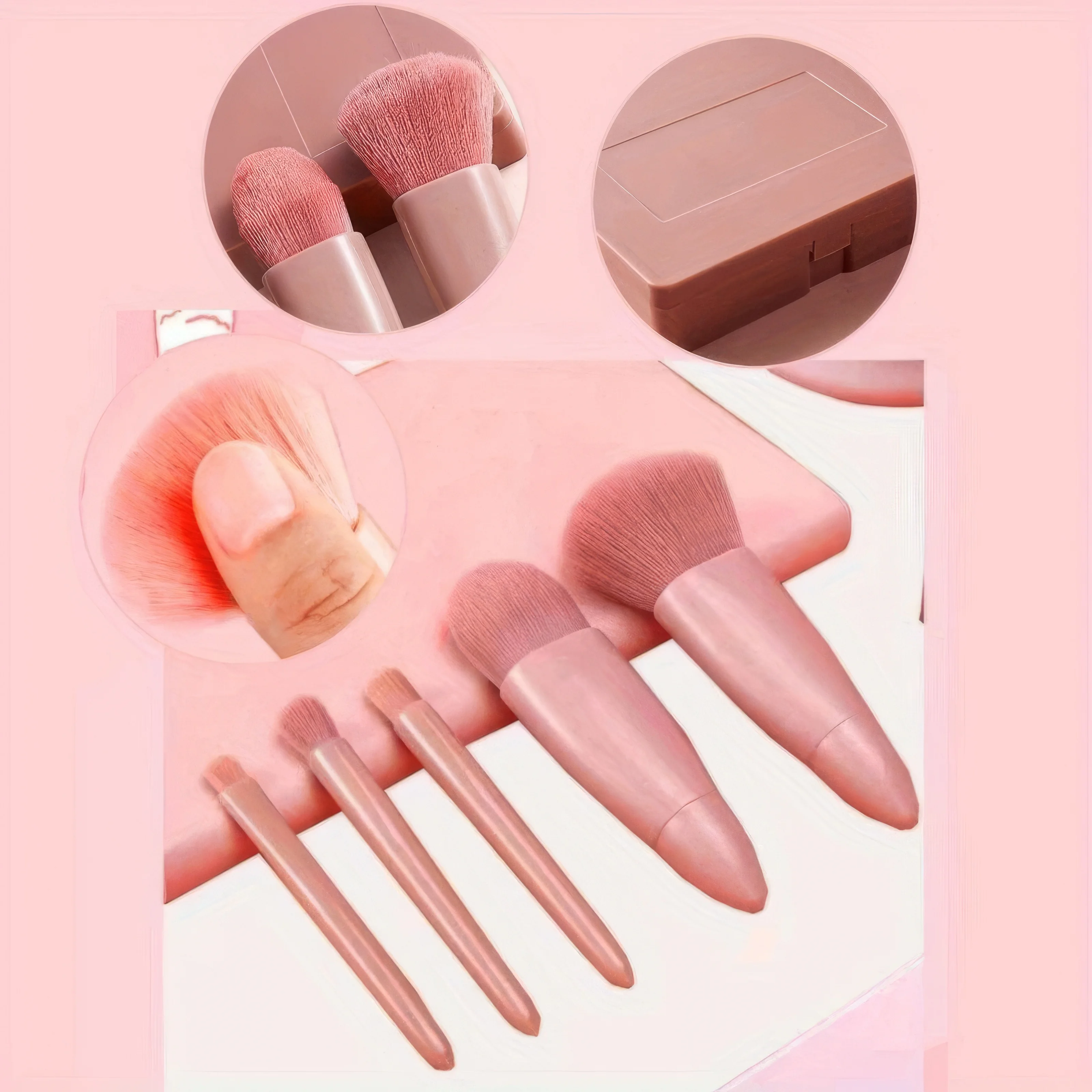Juego de brochas de maquillaje rosa con estuche de espejo, cerdas suaves para un maquillaje impecable de rostro y ojos.