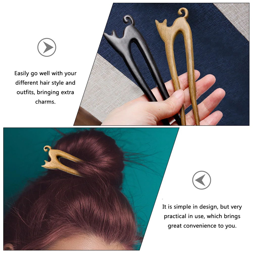 

Green Sandalwood Cat Hairpin Wood Hair Stick Vintage Bun Fork Chinese Hair Accessories Decorative Pins for Party Wedding Prom