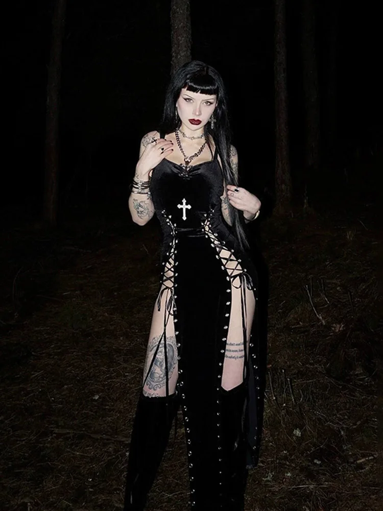 Dark Punk High Split Hem Straps Dess 90s Streetwear Gown Women Sexy Corn Bandage Velvet Dresses Mall Gothic Clothing