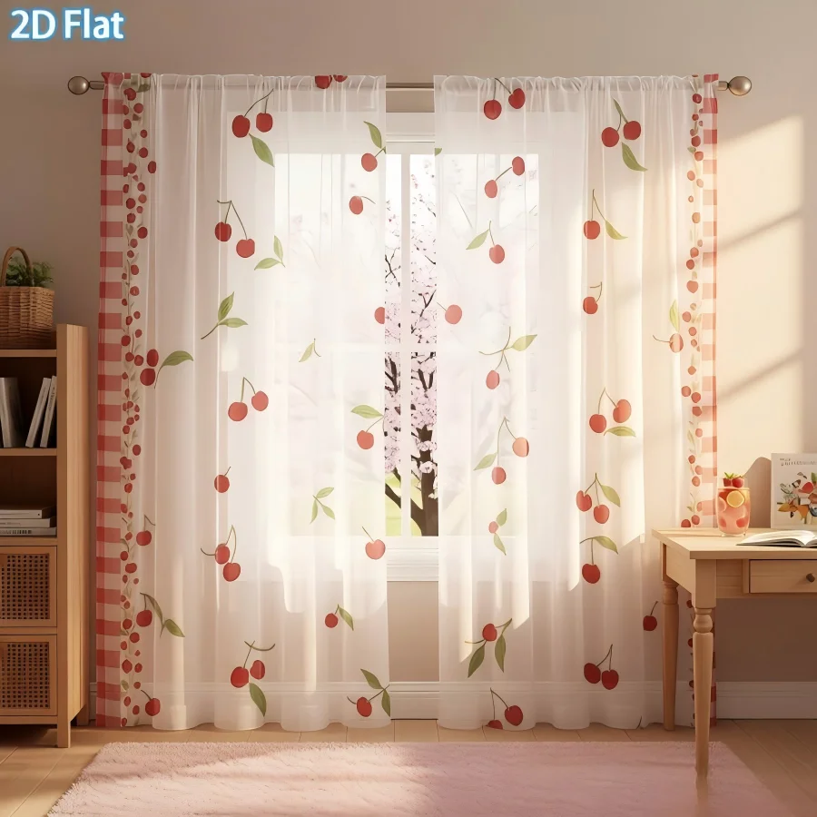 2PCS Digital Print Sheer Curtain, Red White Plaid Cherry Fruit Cute Kawaii Window Drapes for Living Room Bedroom Home Decor