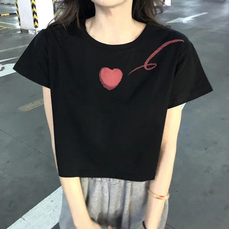 Tシャツ レディース 夏 ハート柄 ルーズ クロップトップス トレンディ レジャー シンプル 韓国風 スイート Футболка Женский 薄手 学生 若い