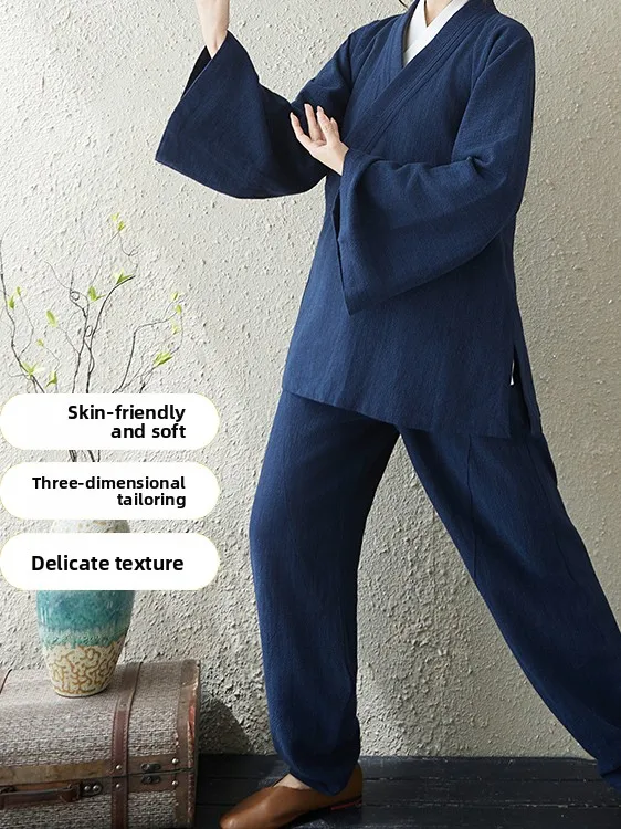 Casual Cotton Linen Tai Chi Practice Suit Loose Fit Zen Style with Sash Two Piece Set for Men And Women Martial Arts Training...