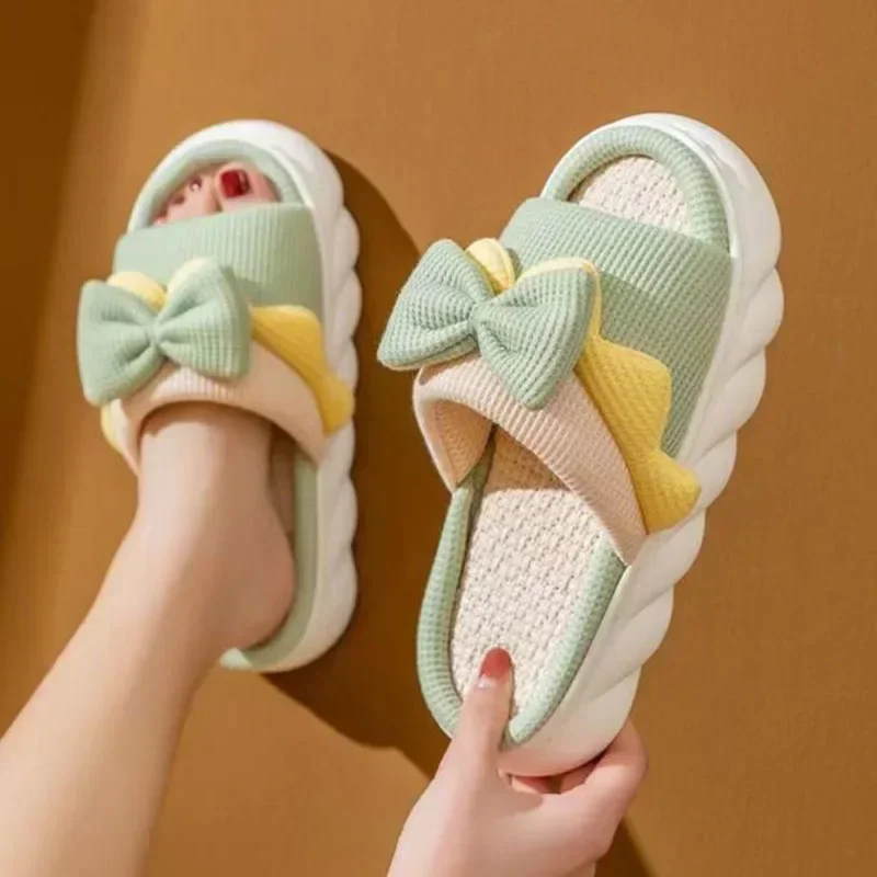 

New Pink Fashion Soft women Casual Cute Bowknot Pattern Design Comfortable Female Linen Home Slippers