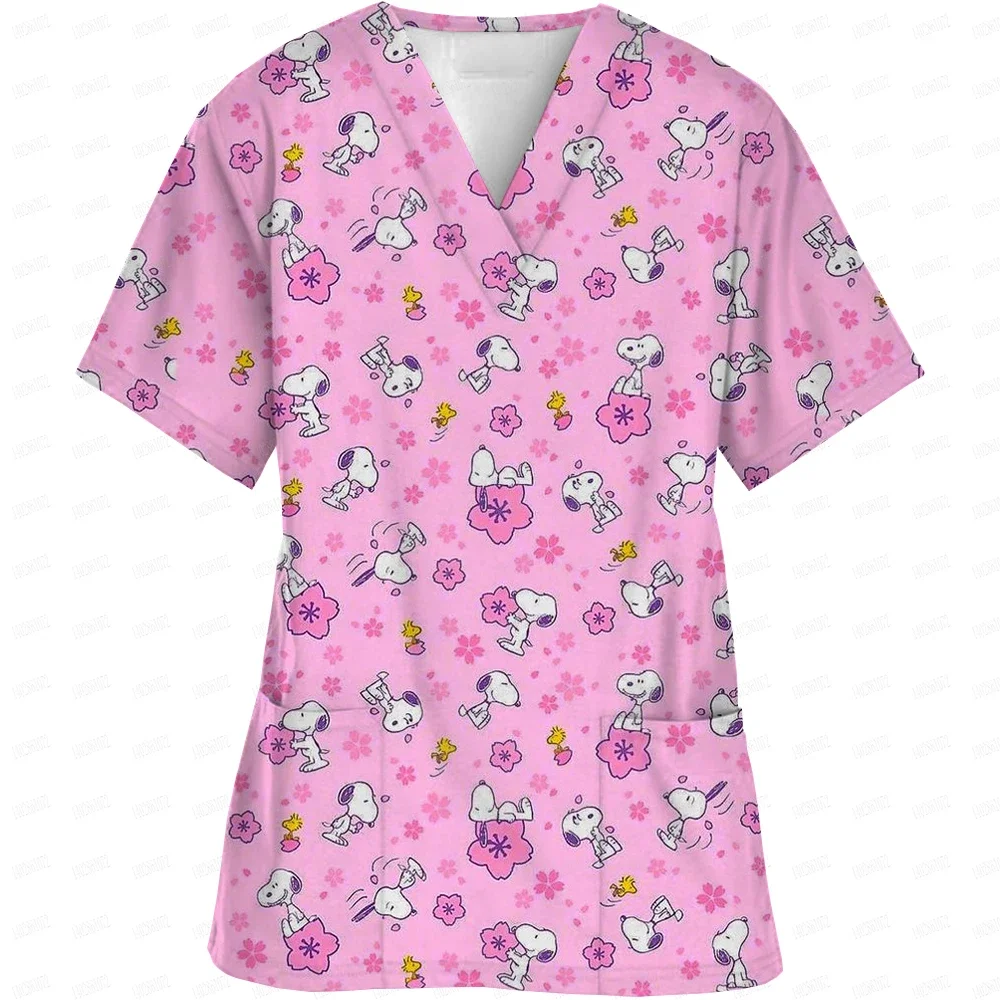 New 2024   Women Short Sleeve Tops With Pocket Working Uniform Snoopy Printed T-Shirts Uniforms Short Sleeved Scrubs For Women ﻿