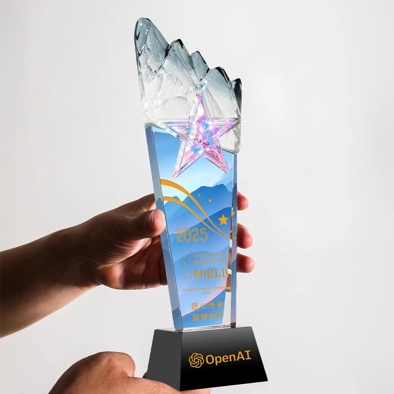 Customized Pentagram Iceberg Crystal Trophy, Excellent Staff Annual Meeting Awards Souvenirs, Color Printing Carving, Decor, 1Pc