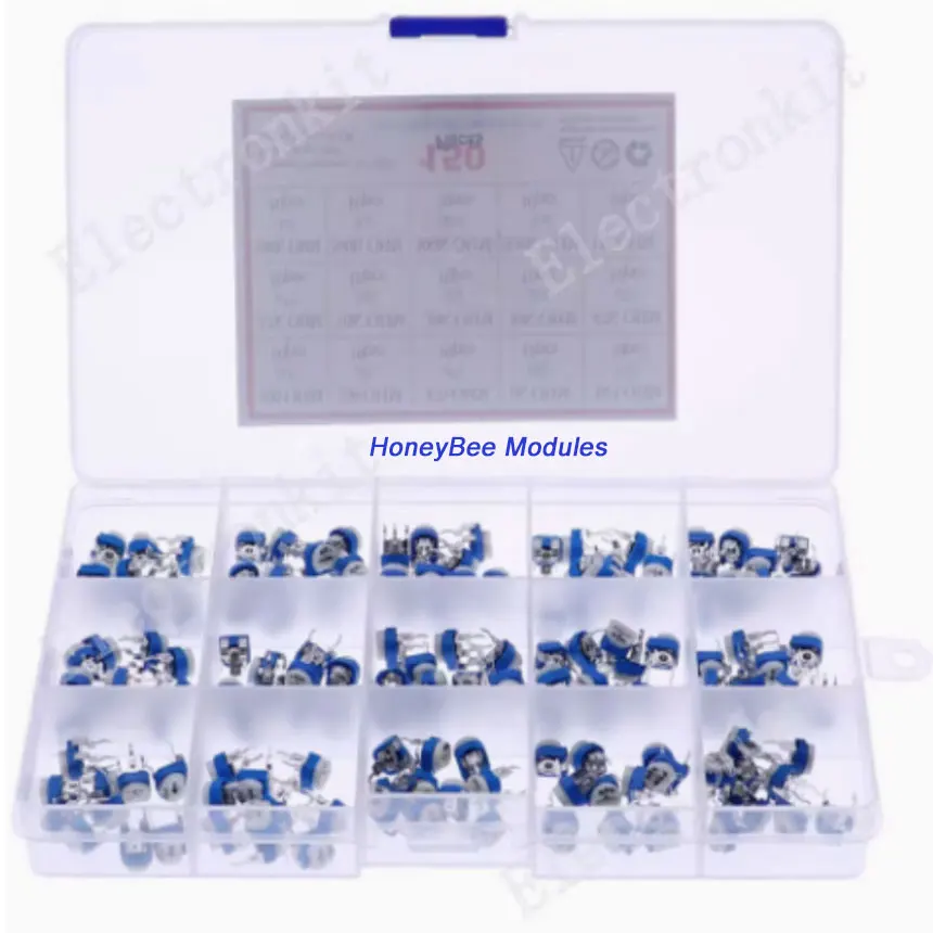 

150pcs 10pcs each of 15 types (100R-1M) RM065 Blue and White Adjustable Resistor Pack Blue and White Trimmer Horizontal Set