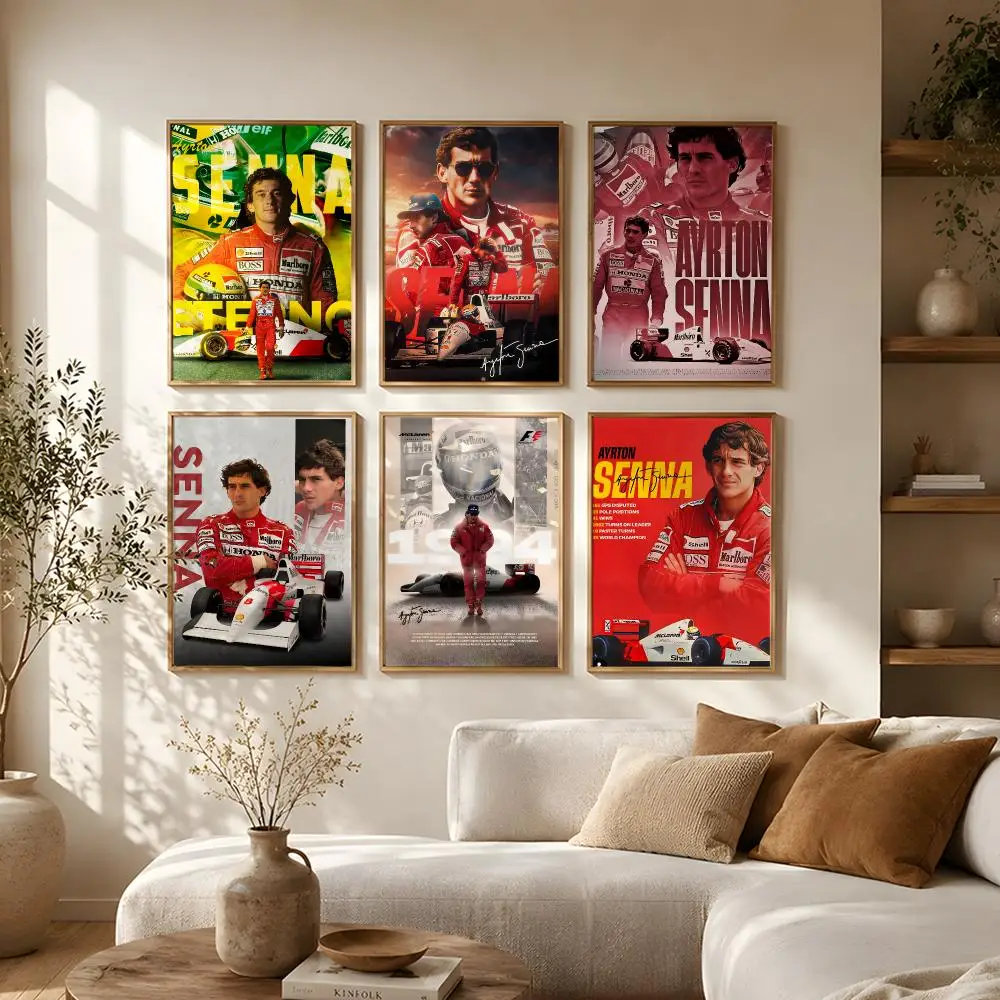 Sports Ayrton Senna Poster Self-Adhesive HD Mural Wall Decals, Living Room Bedroom Home Decor Gift