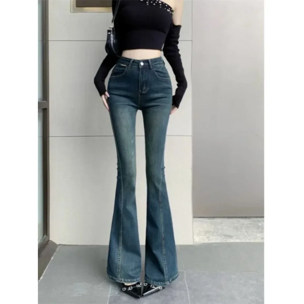 

Женские джинсы-клеш с высокой талией — эластичные джинсовые брюки в стиле ретро, расклешенные брюки узкого кроя, винтажный гонконгский стиль
