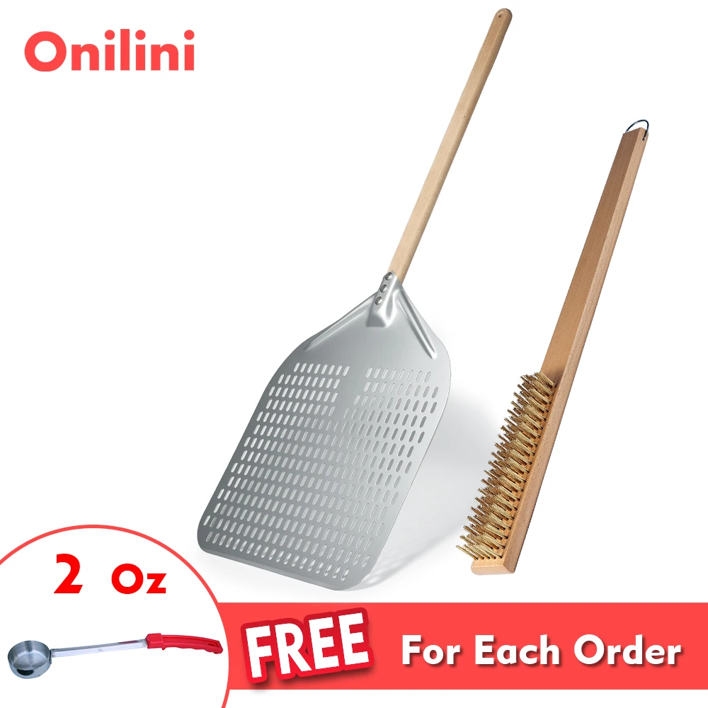 

Onilini 14/13/12 inch Pizza Peel with Wood Handle Anodized Pizzas Shovel Retangular Pizza Paddle with Cleaning Copper Brush Set