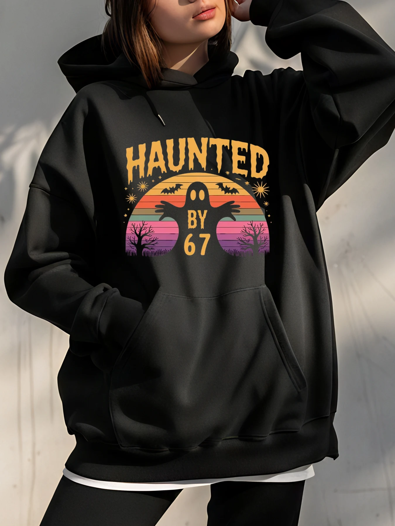 Assombrado por 67 fantasma vintage halloween moletom com capuz feminino casual streetwear moda outono inverno roupas
