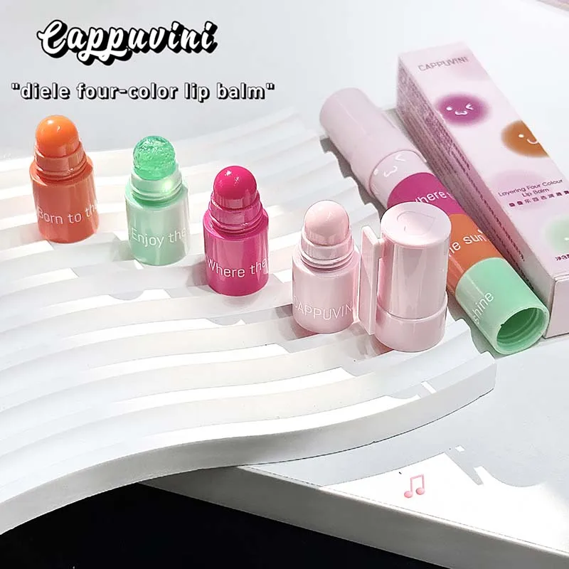 Cappuvini batom hidratante quatro cores em um, lápis de maquiagem de longa duração, brilho labial à prova d'água, bálsamo labial antiaderente