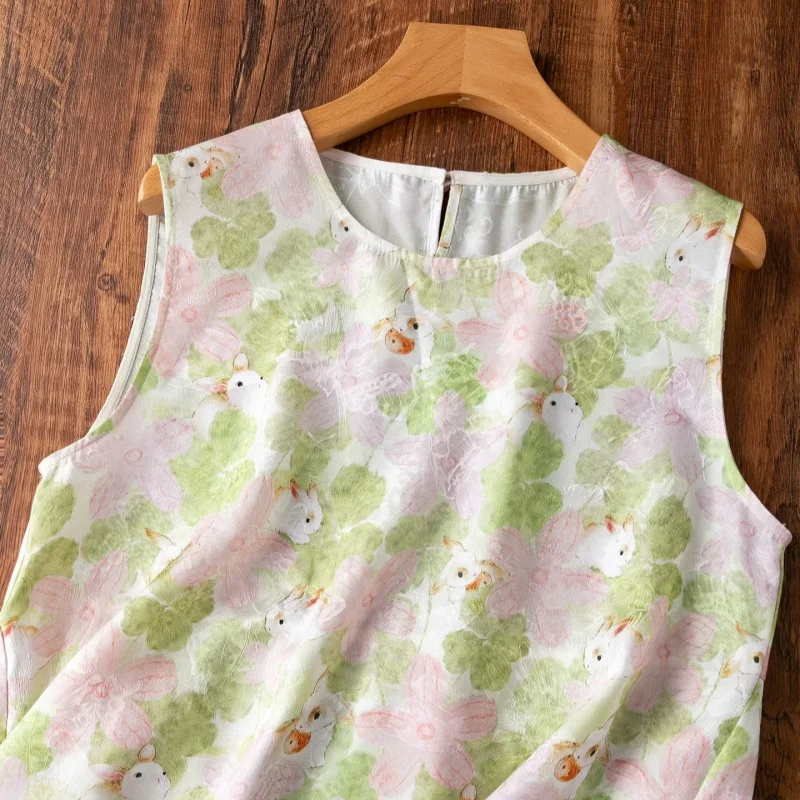 Birdtree, 100% Real Silk Print Tank Top, Sleeveless O-neck Vest, Women Full-open Leno Breathable Tops, 2026 Summer New T65306JF