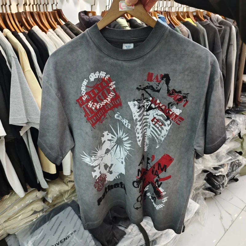 Men's Vintage Streetwear T-Shirt - Gray Washed Distressed Oversized Tee with Skeleton Cross Dark Design