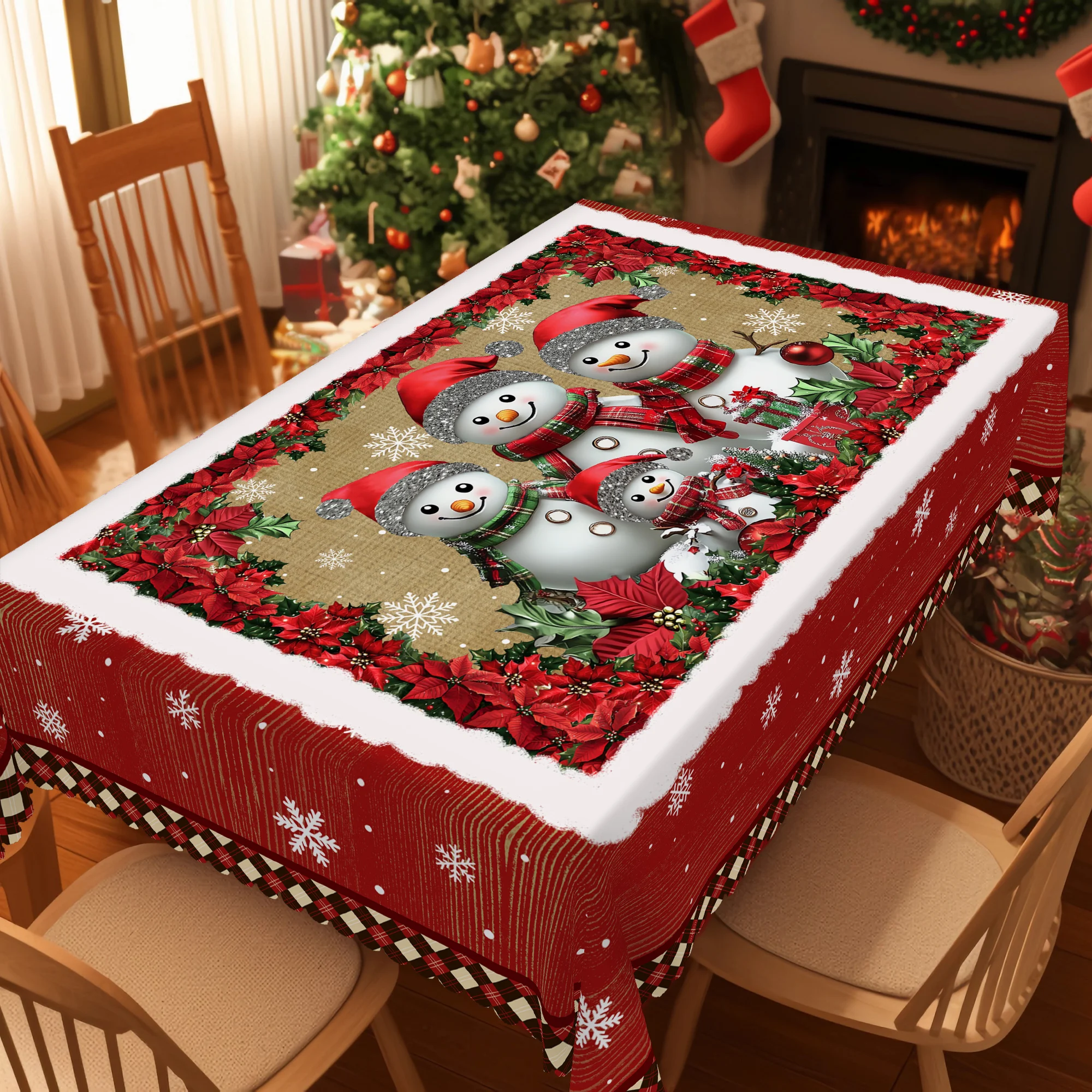 1 Piece of Christmas Round and Square Tablecloth, Various Sizes, Christmas Snowman Family Photo Frame Floral Red Plaid Tablecloth, Suitable for Daily Use in the Home Kitchen, Patio Tablecloth, Gift