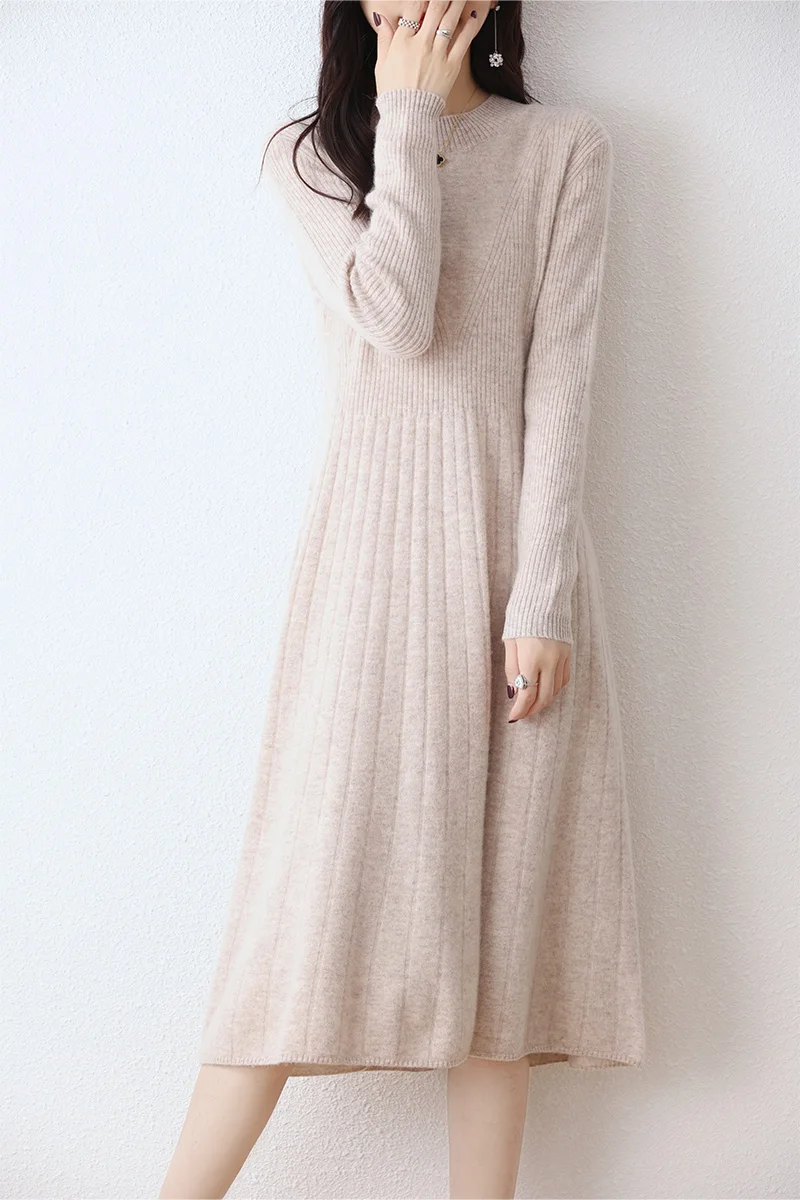 Long Sweater Dress for Women, 100% Merino Wool, Striped, Round Neck, Pleated Skirt, Pullover, Autumn and Winter, New