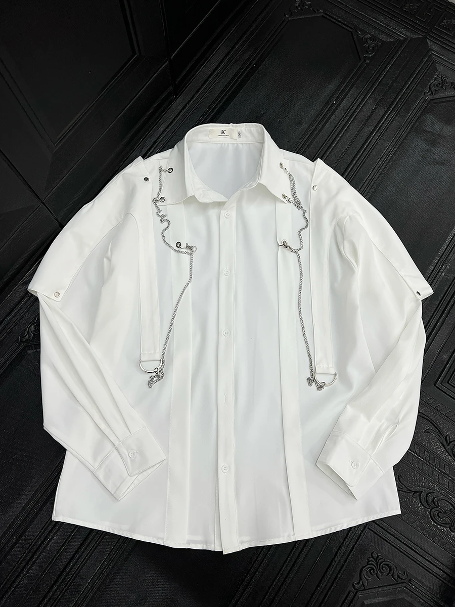 Niche Personality Metal Chain Splicing Shirts Men's 2025 Spring Summer New Loose Comfort Casual Tops Trendy Long-sleeve Shirt