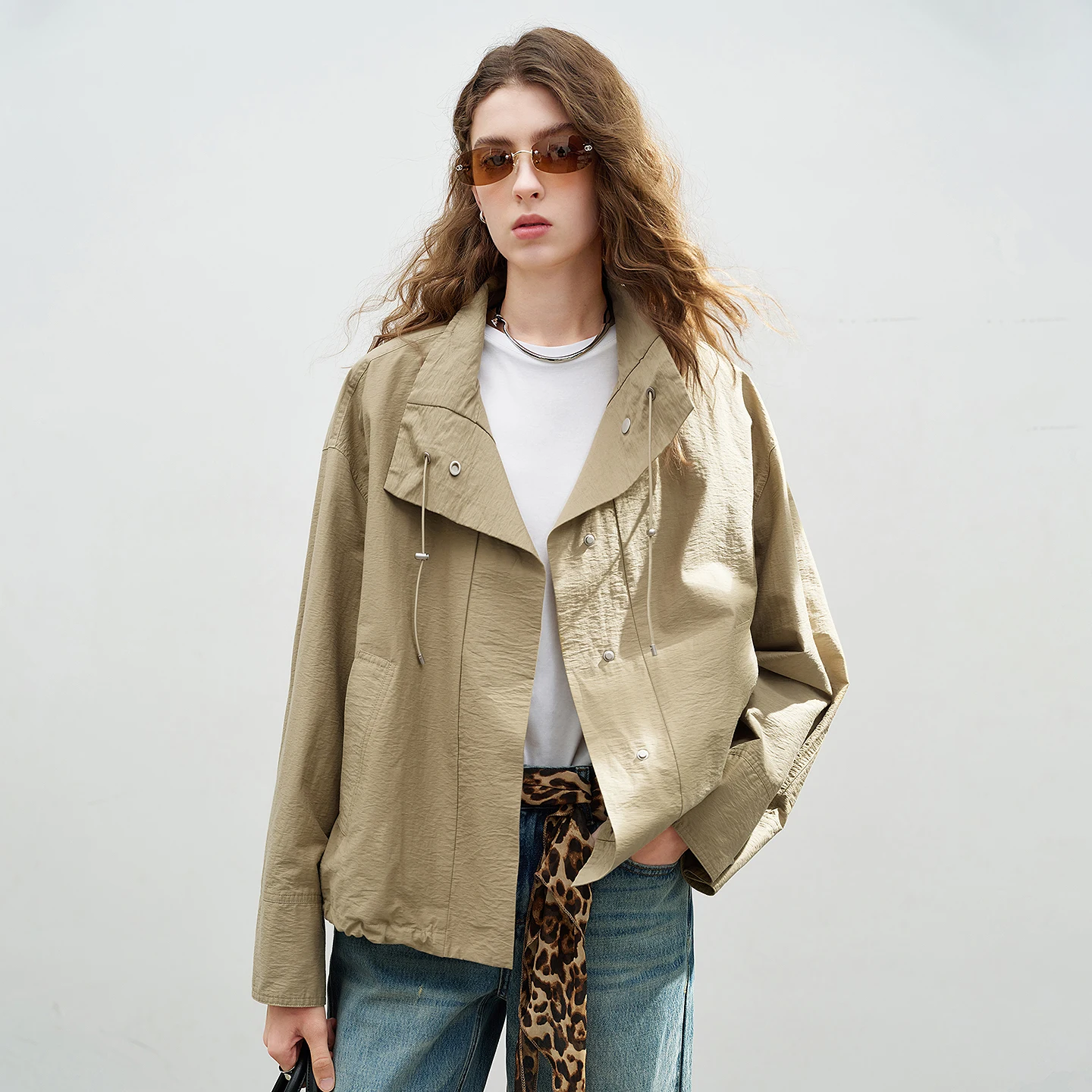 Women's Wrinkle-Textured Utility Jacket - Stand Collar Loose Fit