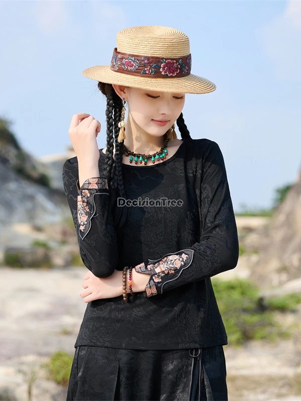 

2026 new jacquard chinese ethnic style long-sleeved black embroidered t-shirt for women round collar slimming daily blouse shirt